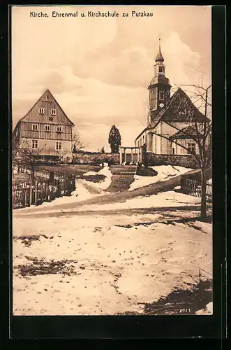 AK Putzkau, Kirche mit Ehrenmal und Kirchschule