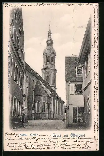 AK Offenburg, Kathol. Kirche und Strassenansicht