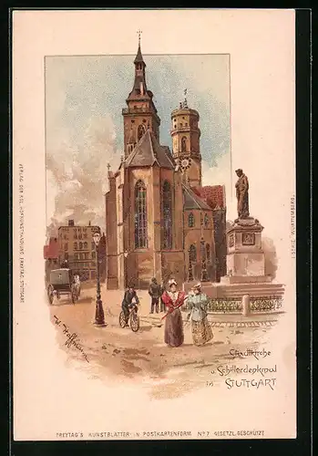 Lithographie Stuttgart, Partie an der Stadtkirche, Schillerdenkmal
