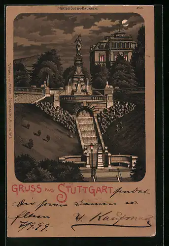 Mondschein-Lithographie Stuttgart, Parttie am Herzog Eugen-Brunnen