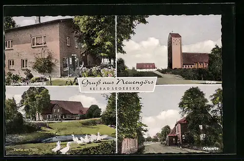 AK Neuengörs bei Bad Segeberg, Kaufhaus Meynerts jr., Kirche, Partie am Teich