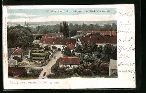 AK Jahnishausen bei Riesa, Königliches Schloss, Park und Rittergut vom Kirchturm gesehen