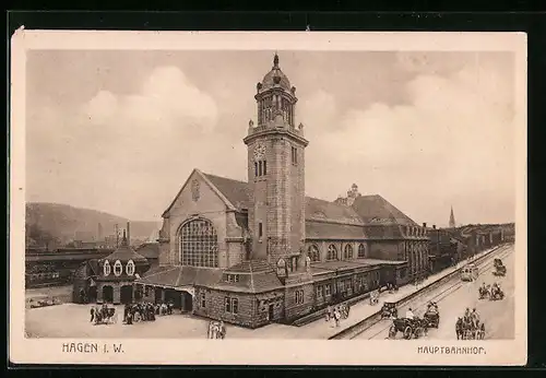 AK Hagen i. W., Hauptbahnhof mit Kutschen