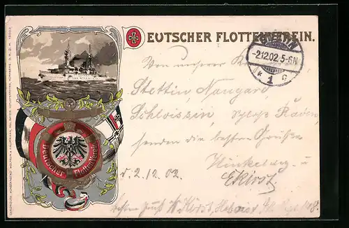 Präge-Lithographie Deutscher Flottenverein, Kriegsschiff auf dem Meer, Rettungsring, Reichskriegsflagge