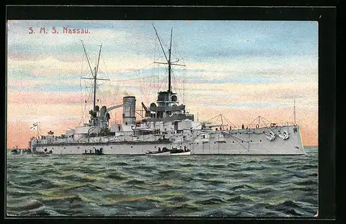 AK Kriegsschiff SMS Nassau mit Beibooten