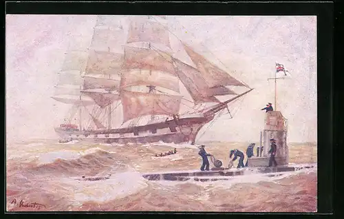 Künstler-AK Deutsches U-Boot versenkt feindlichen Segler