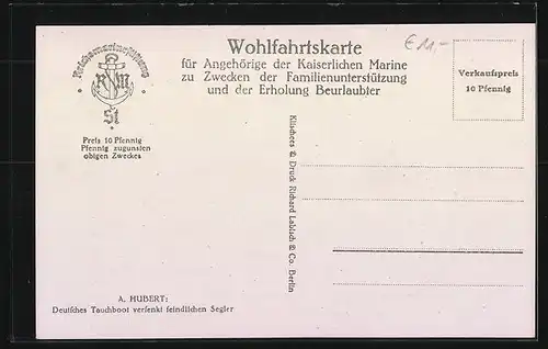 Künstler-AK Deutsches U-Boot versenkt feindlichen Segler