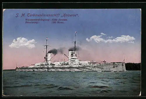 AK Kriegsschiff SM Turbinenlinienschiff Kaiserin vor der Küste