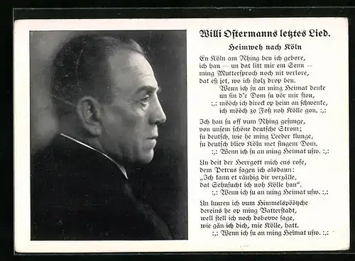 AK Komponist Willi Ostermann, Portrait, Liedtext Heimweh nach Köln
