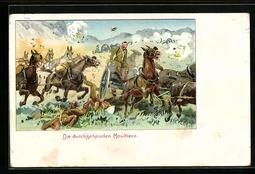 Lithographie Soldaten mit durchgehenden Maultieren, Burenkrieg