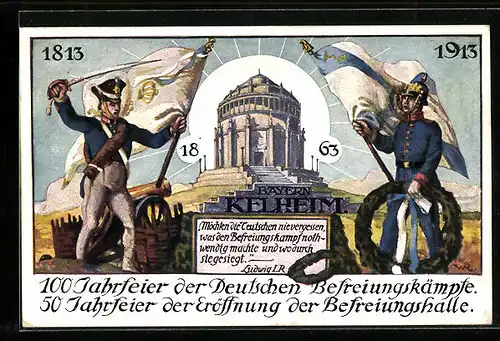 AK Kelheim, Jahrhundertfeier in der Befreiungshalle 1913, Deutsche Soldaten mit Fahne, Befreiungskriege