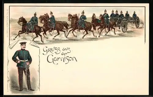 Lithographie Gruss aus der Garnison, Soldaten der Artillerie