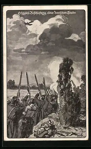 Künstler-AK Soldaten beschiessen erfolglos eine deutsche Taube, Flugzeug