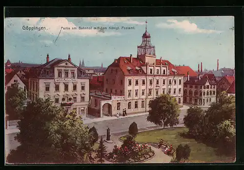 AK Göppingen, Partie am Bahnhof mit dem Königl. Postamt