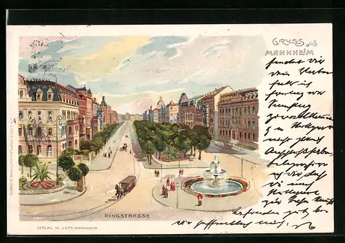 Lithographie Mannheim, Ringstrasse mit Brunnen