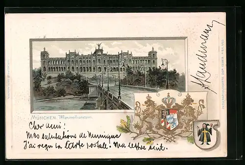 Passepartout-Lithographie München, Blick zum Maximilianeum, Wappen und Münchner Kindl