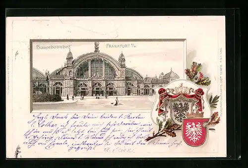 Passepartout-Lithographie Frankfurt a.M., Hauptbahnhof mit Passagieren, Wappen