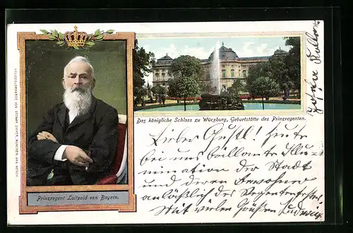 AK Würzburg, Das königliche Schloss, Geburtstätte des Prinzregent, Portrait Prinzregent Luitpold von Bayern