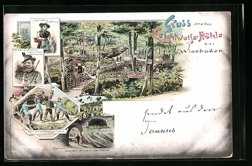 Lithographie Wiesbaden, Leichtweiss-Höhle, Partie aus dem Inneren der Höhle