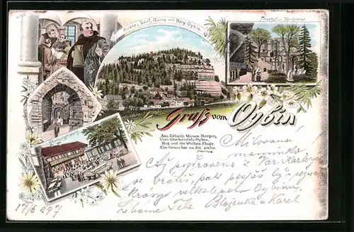 Lithographie Oybin, Kirche, Dorf, Ruine und Berg