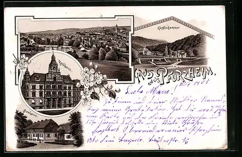 Vorläufer-Lithographie Pforzheim, Rathaus, Kupferhammer, Gasthaus Seehaus