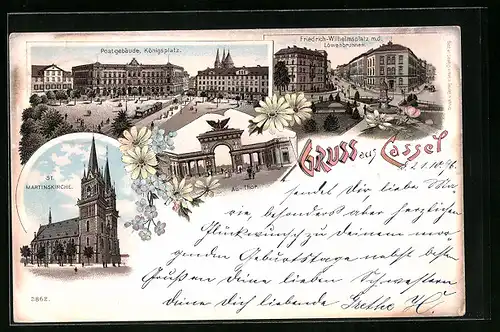 Lithographie Kassel, Friedrich-Wilhelmsplatz mit Löwenbrunnen, Post am Königsplatz