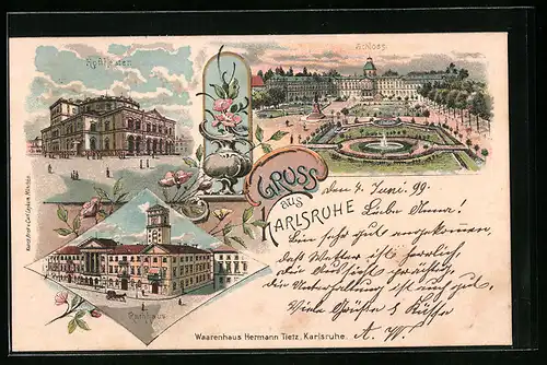 Lithographie Karlsruhe, Hoftheater, Schloss, Rathhaus