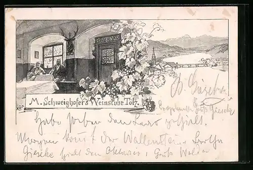 Künstler-AK Tölz, Gasthaus M. Schweighofers Weinstube, Panorama