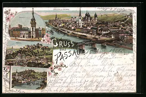 Lithographie Passau, Panorama mit Rathaus, Hals