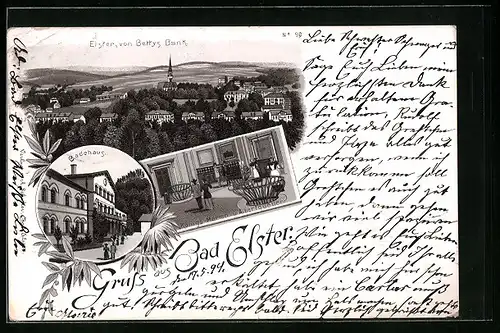 Lithographie Bad Elster, Teilansicht, Badehaus, Königs-Marien- und Albertquelle