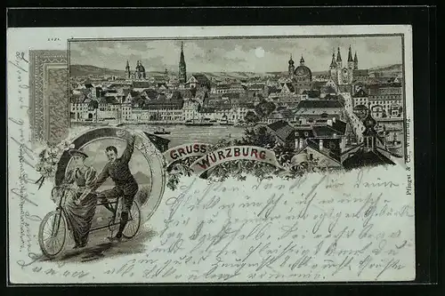 Mondschein-Lithographie Würzburg, Totalansicht, Radler auf einem Tandem