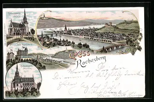 Lithographie Bingen, Rochuskapelle, Hotel Rochusberg, Teilansicht