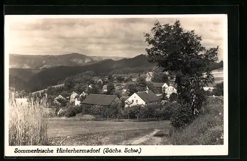 AK Hinterhermsdorf /Sächs. Schw., Ortsansicht mit Bergen