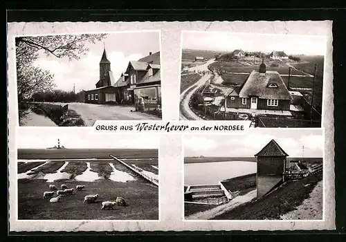AK Westerhever /Nordsee, Gasthaus Kirchspielskrug, Schafe am Deich, Leuchtturm
