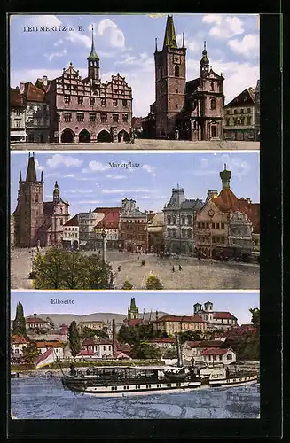 AK Leitmeritz a. E., Ortspartie, Marktplatz, Elbeseite mit Dampfer Pillnitz
