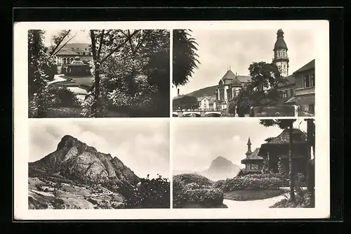 AK Bilina, Uferpartie mit Brücke, Berg, Ortspartie