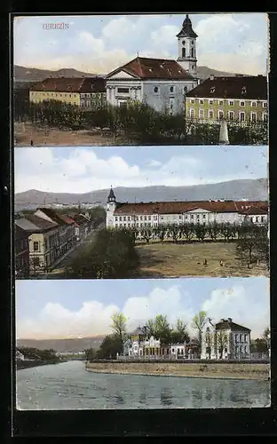 AK Terezin, Ortsansicht mit Fluss und Kirche