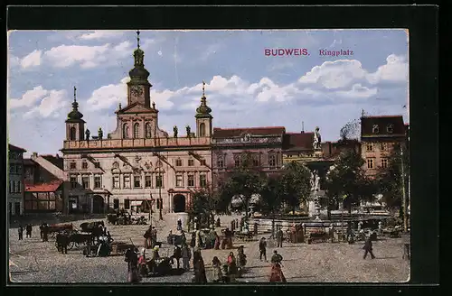 AK Budweis, Ringplatz mit Brunnen