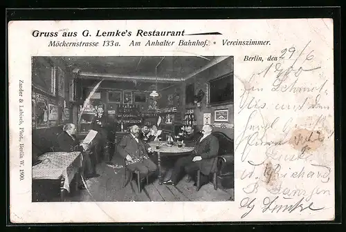 AK Berlin, G. Lemke`s Restaurant, Vereinszimmer, Am Anhalter Bahnhof, Möckernstrasse 133a