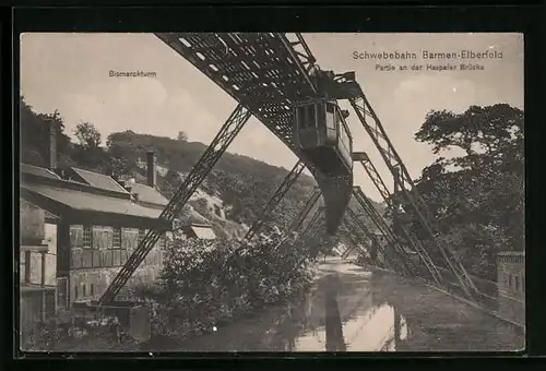 AK Barmen-Elberfeld, Schwebebahn, Partie an der Haspeler Brücke, Bismarckturm