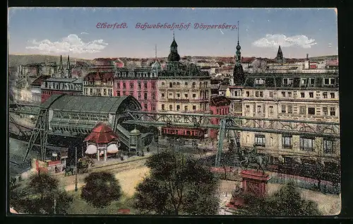 AK Elberfeld, Am Schwebebahnhof Döppersberg, Blick auf die Parkanlagen und die Stadtvillen