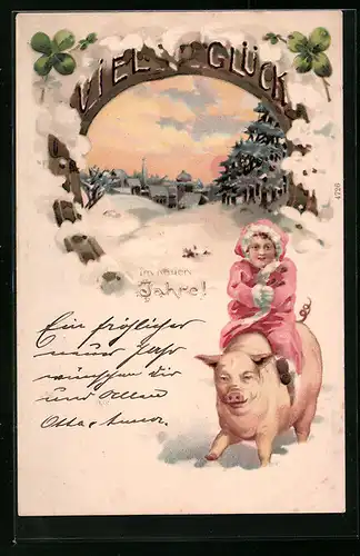 Lithographie Kind auf einem Schwein im Schnee, Neujahrsgruss