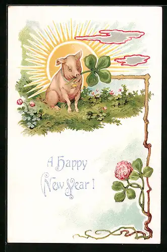 Präge-AK Schwein mit Glücksklee in der Schnauze, Neujahrsgruss