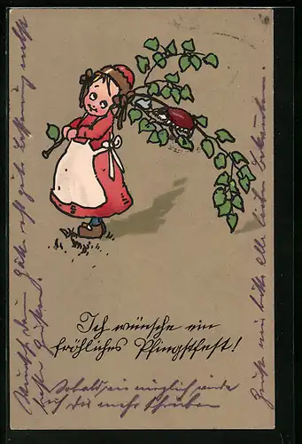 AK Mädchen hält Zweig mit Maikäfer in der Hand, Pfingstgruss