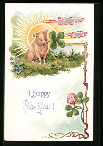 Präge-AK Schwein mit vierblättrigem Kleeblatt, Neujahrsgruss
