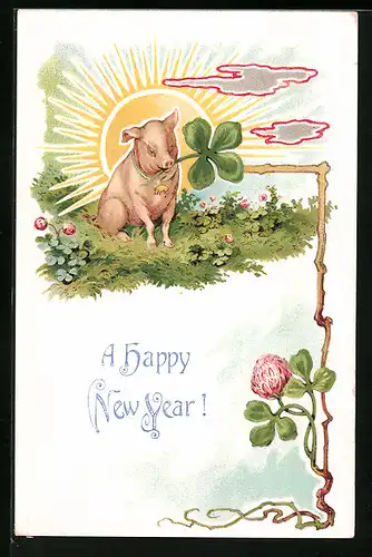 Präge-AK Schwein mit vierblättrigem Kleeblatt in der Schnauze, Neujahrsgruss