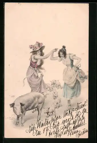 AK Tanzende junge Damen mit Schwein und Ferkeln