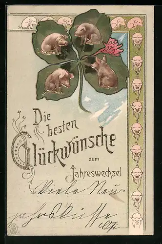 Präge-Lithographie Schweine vor einem vierblättrigen Kleeblatt, Neujahrsgruss