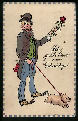 Lithographie Landstreicher mit Rose und Schwein an Leine, Geburtstagsgruss