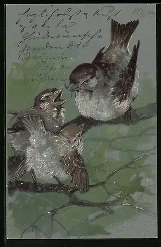 Präge-AK Spatzenmutter füttert ihre Jungen